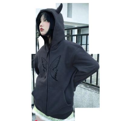 China Breathable Sexy Zipper Up Hoodie Goth Apparel Butterfly Printed Tops Long Sleeve 2021 Fashionable Women Winter Pullover Sweatshirt Hoodies for sale