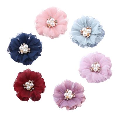 China Cloth+yarn lace artificial flower bride hair pearl net yarn chiffon flower of DIY repair clip flower fabric wedding dress for sale