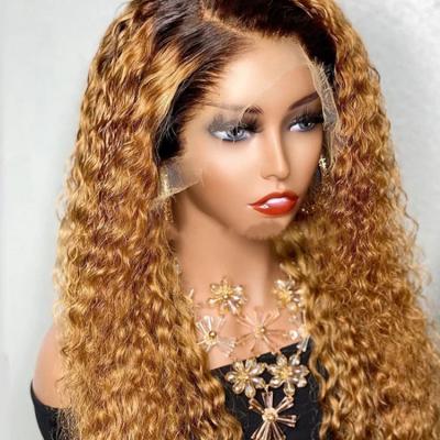 China Natural Soft Ombre 13x4 Lace Front Women's Preplucked Natural Curly Soft Blonde Brazilian Human Hair Wigs For Brown 180% for sale