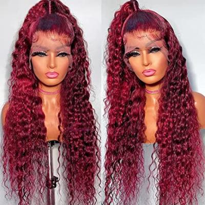 China Water Wave Natural Soft Lace Front Wigs Dark Red Long Loose Curly Synthetic Wig With Baby Hair for sale