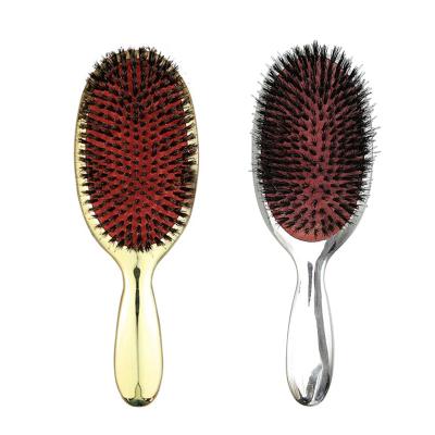 China Custom Boar Professional Electroplating Silver Logo Detangling Paddle Hair Brush Golden Paddle Straightens Hair Extension Wig Brush for sale