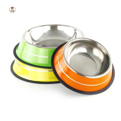 China Durable Non-slip Stackable Pet Bowl Stainless Steel Cat Water Bowl With Color Stripe for sale