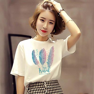 China Anti-wrinkle Women Clothes New Tops Feather Design Summer Short Sleeve T-shirt Fashion Blouse for sale