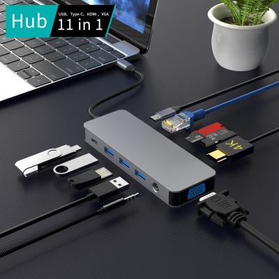 China Aluminum Alloy 11 in 1 USB C Hub Aluminum Alloy USB3.0 RJ45 Gigabit 3.5 Gigabit 3.0 RJ45 Jack Mic HD-MI VGA USB C Hub for sale