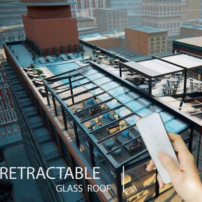 China Smart Retractable Structural Skylight Sunbed Telescopic Electric Recratebel Tempered Glass Roof for sale