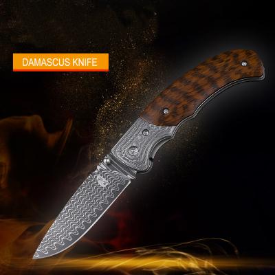 China Quick Open Swivel Damascus Open Folding Pocket Knife With Wood Handle for sale