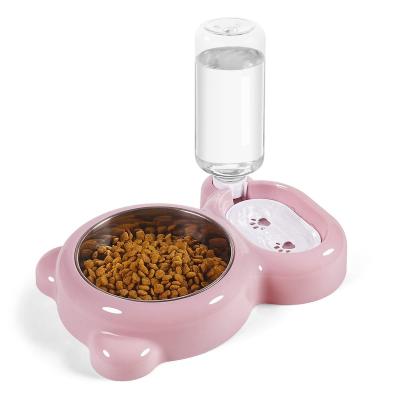 China Double Automatic Dog Cat Bowls Pet Water and Food Bowl Set with Detachable Automatic Dispenser Bottle Water Stainless Steel Bowl for sale