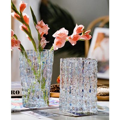 China Modern INS Wind Water Raised Flower Arrangement Living Room Decoration Ornaments Glacier Handmade Oval Pattern Clear Glass Vase for sale