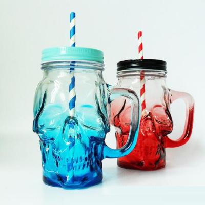 China Food Factory Wholesale OEM Beverage Water Liquor Drinking 450ml 15oz ES05 Skull Mason Glass Jars With Handles for sale