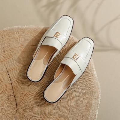 China Fashion Trend Slippers Half Round Toe Leather Sandals Slippers For Ladies for sale