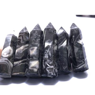 China Wholesale Natural Black White Tower Crystal Gemstones Hexagonal Carved Healing Crystals From China Factory Price for sale