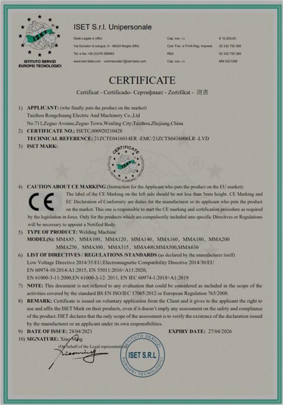 CE - Taizhou Rongchuang Electric And Machinery Co., Ltd.