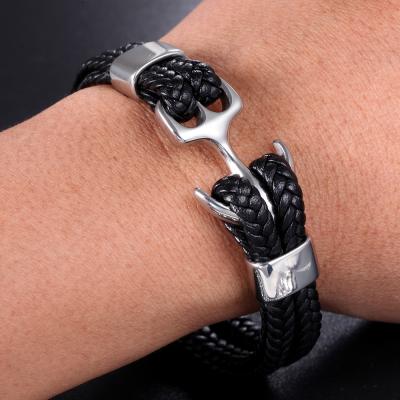 China VEROMCA CLASSIC Multilayer Stainless Steel Anchor Bracelet Couples Leather Woven Bracelet for sale