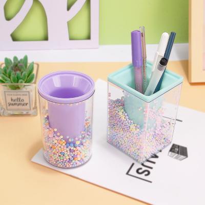 China Countertop Desktop Home Office School Student Creative Fashion Cute Transparent Acrylic Double Pen Holder Office Desktop Colorful Stationery Storage Pencil Container for sale