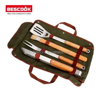 China China Supplier Hot Selling Handle Stainless Steel Easily Cleaned Wooden BBQ Tool Kit With Nylon Bag for sale