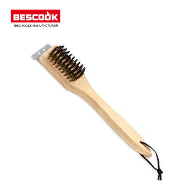 China Easily Cleaned 2 In 1 Brass Wire Handle Wood BBQ Grill Brush With Scraper for sale