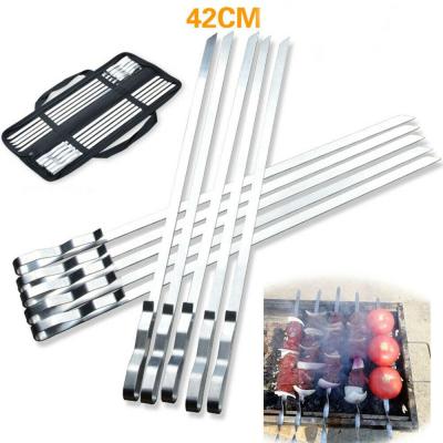 China Dustproof BBQ Skewer Stainless Steel Flat Wide Grill Kebab Stickers Fork Tools BBQ Spits Nylon Bag for sale