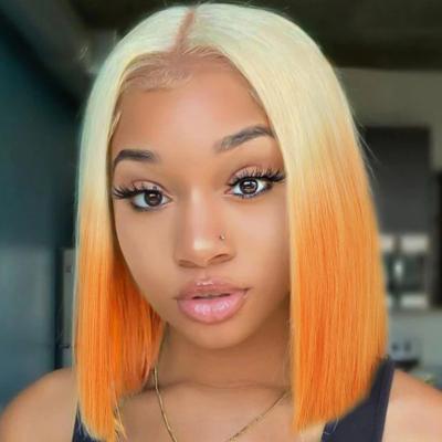 China Remy Hair Custom Colored Remy Hair Synthetic Fiber Highlight Wigs Pre Plucked Short Bone Blonde Ombre Straight Bob Lace Wigs 613 for sale