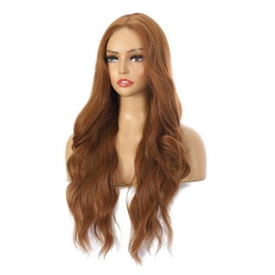 China Free Sample 180%Density Long Body Wave Cheap Wavy Curly Middle Wave Part Synthetic Hair For Women Lace Front Wig for sale