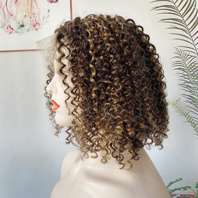 China High Quality Deep Wave Ombre Brown Closure Hair Wigs Deep Wave Curly Unprocessed Transparent Hd Lace Up Bob Lace Front Wigs Short for sale