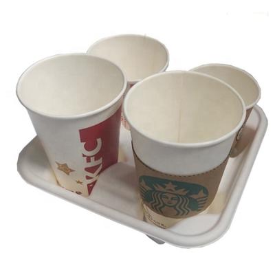 China Disposable Take Out Coffee Cup Holder Can Hold 4 Compartment Bagasse Cups Sugarcane 4 Compartment Compostable Biodegradable Cup Holder for sale