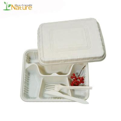 China Eco 4-Compartment Disposable Corn Starch Biodegradable Disposable Food Tray With Cover for sale