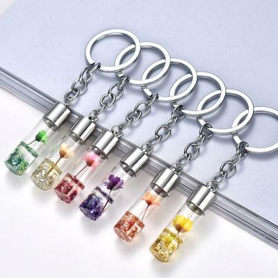 China Promotion Flower Glass Bottle Key Chain Factory Gift Dried Key Chain Wishing Bottle Eternal Flower Key Chain for sale