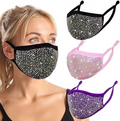 China Fashion Breathable Black Pink Rhinestone Diamond Bing Face Mask For Women Cloth Fabric Reusable Washable Crystal for sale