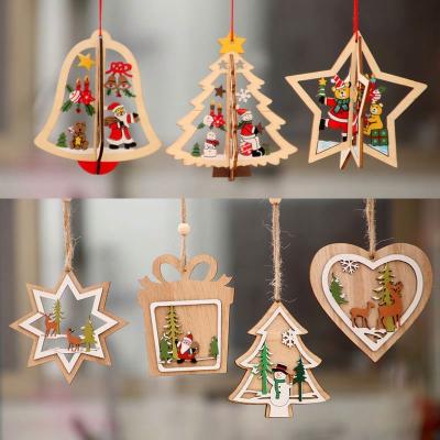 China Wooden Christamas Home Decoration 2D Christmas Ornament 3D Hanging Pendants Star Christmas Tree Bell Christmas Decorations For Home Party New Year for sale