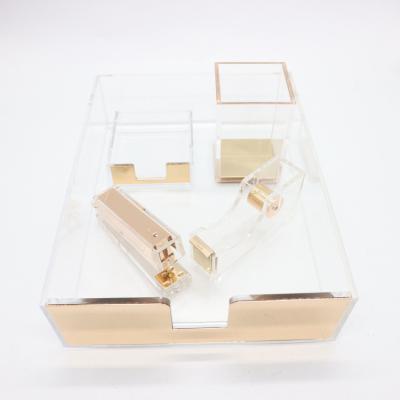 China Non-slip carpet & Beautiful Appearance For Office Clear Gold Acrylic Stationery Set Staples Remover Desktop Kit Holders Pen Pencil Holder Memo Notes Stapler Strip Dispenser for sale