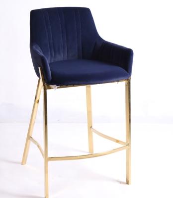 China Morden fashion look deep blue metal footstool velvet gold steel bar chair for high table for sale