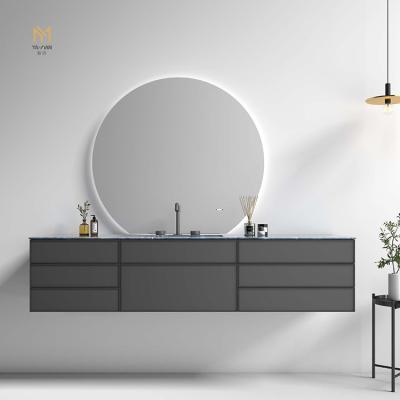 China Modern Luxury Wooden Modern Sink Floating Vanity With LED Round Shape Smart Mirror for sale