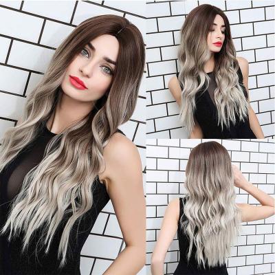 China Body Wave Ombre Brown To Blonde Wig Natural Daily Dark Roots Long Wave Synthetic Hair Heat Resistant Wigs For Black White Women for sale