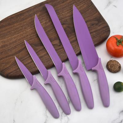 China Sustainable K0480 Purple Non Stick Blades Kitchen Knife Stainless Steel Knives 5 Pieces Set for sale