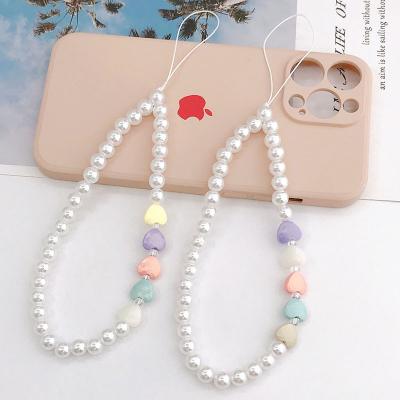 China New Fashion Decoration Pearl Phone Rope Strap Heart Beads Mobile Phone Chain For Phone Accessories for sale