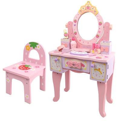 China Pretend Wooden Girl Toy Collapsible Dressing Table Strawberry Toy Pretty Girls Dressing Game Toys Kids Makeup Set Kit for sale