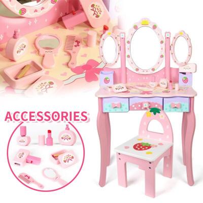 China Pretend Play Toys Girls Pretty Dressing Up Kit Wooden Kids Makeup Set Toy Princess Toy Dressing Table Collapsible Strawberry for sale