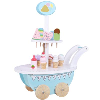 China Eco-friendly Mini Baby Wooden Toy Ice Cream Shop Kitchen Toys Pretend Play Selling Ice Cream Move Around for sale