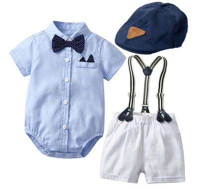 China Good Quality 3pcs Toddler Bow Tie Suspender Shorts Infant Clothes Set Baby Boy Solid Anti-Shrink Romper Shirt Clothing Boutique for sale