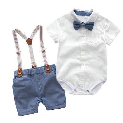 China Hot Sale Gentleman's Short Sleeve Suit Boys Suspender Shorts Anti-Shrink Baby Infant Romper 2pcs Clothing Sets for sale