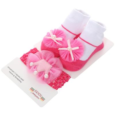 China Wholesale 0-12m Breathable Newborn Lace Flower Cheap Fancy Ribbon Bows Princess Headband Set Cotton Pearl Crown Baby Socks For Birthday for sale