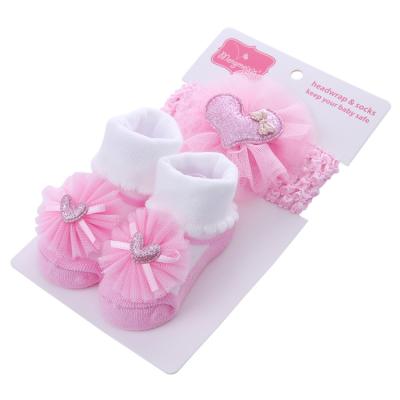 China Breathable Children Girls Cotton Princess Socks Headband Set Spring and Autumn Flower Baby Kids Socks With Lace Booties for Newborn for sale