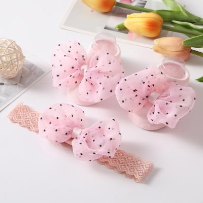 China Poka Dots Funny Cute Bow Child Breathable Baby Socks Set Kids Cotton Socks With Headband For Newborn Babies for sale