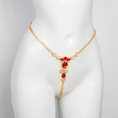 China TRENDY Sexy Red Rhinestone Underwear Crystal Heart Pendant Waist Belly Bikini Chain Diamond Body Chain Jewelry for sale