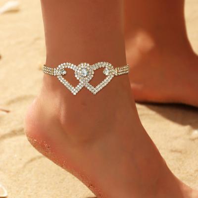 China TRENDY Hot Selling Foot Decoration Crystal Gemstone Ankle Bracelets Double Love Bankle Heart Chain Foot Jewelry Anklet for sale