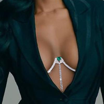 China Fashion Hot Selling Women Body Jewelry Fashion Luxury Heart Green Rhinestone Chest Bracket Sexy Bikini Bra Body Chain for sale