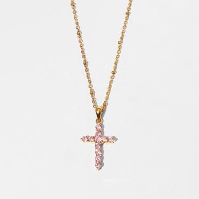 China TRENDY 18K PVD Gold Plated Hip Hop Women'S Simple Zirconia Jewelry Stainless Steel Pink Cross Necklace for sale