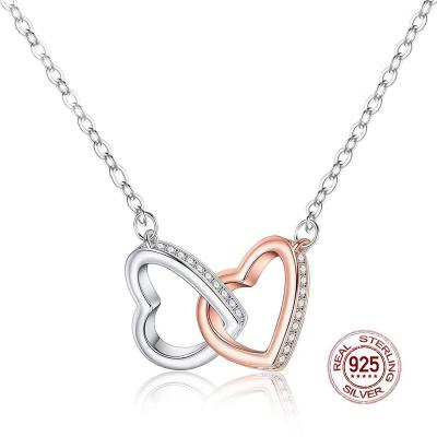 China TRENDY Unique Fashion Jewelry 925 Silver Heart Necklaces Love Valentine Delicate Double Heart 925 Silver Necklace For Women for sale