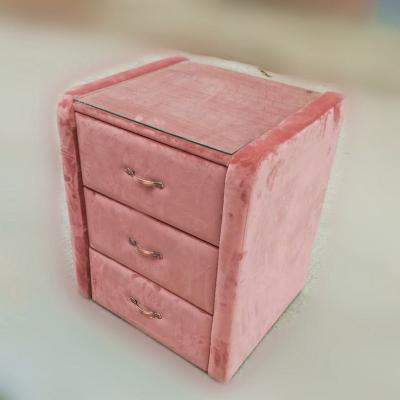 China Adjustable (height) Pink Tufted Upholstered 3 Drawer Nightstand Fabric Bed Side Table For Bed Room for sale