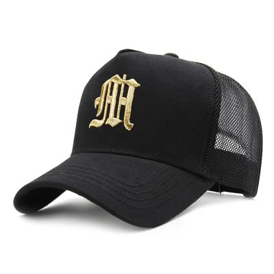 China JOINT Gorras Gold Custom Metal Embroidered 5 Panel Brass Buckle Sports Top Running Crown Mesh Trucker Hat Hat For Sale for sale